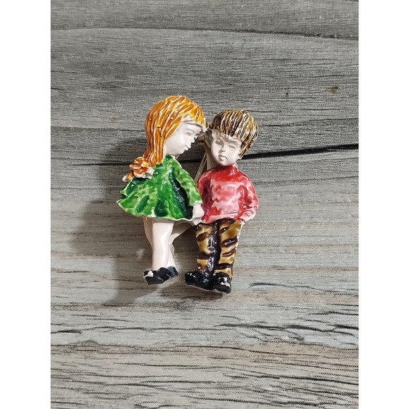 Vtg Fran Mar '71 Boy & Girl Moppet Brooch Enamel (jb3 5) - Picture 1 of 5